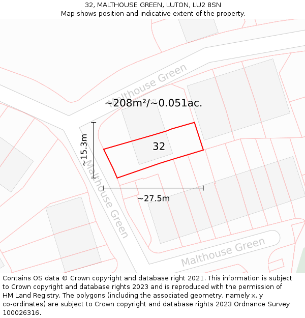 32, MALTHOUSE GREEN, LUTON, LU2 8SN: Plot and title map