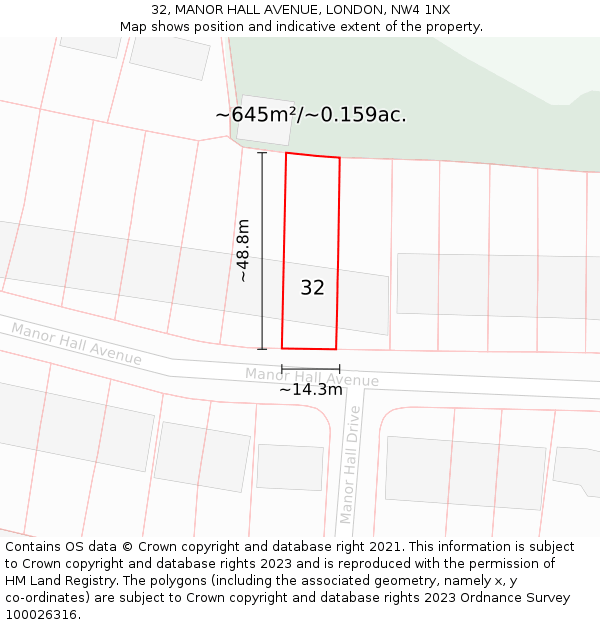 32, MANOR HALL AVENUE, LONDON, NW4 1NX: Plot and title map