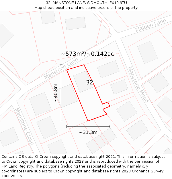 32, MANSTONE LANE, SIDMOUTH, EX10 9TU: Plot and title map