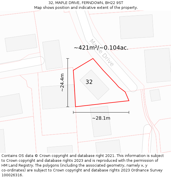 32, MAPLE DRIVE, FERNDOWN, BH22 9ST: Plot and title map