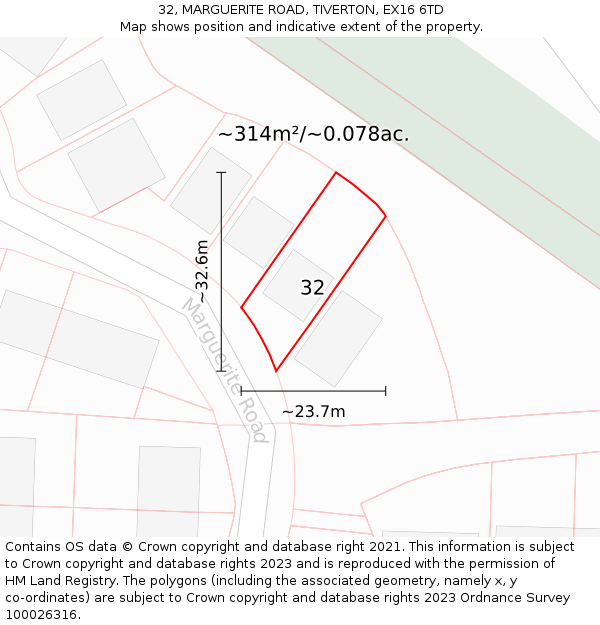 32, MARGUERITE ROAD, TIVERTON, EX16 6TD: Plot and title map