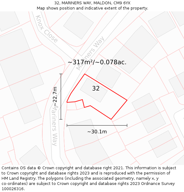 32, MARINERS WAY, MALDON, CM9 6YX: Plot and title map