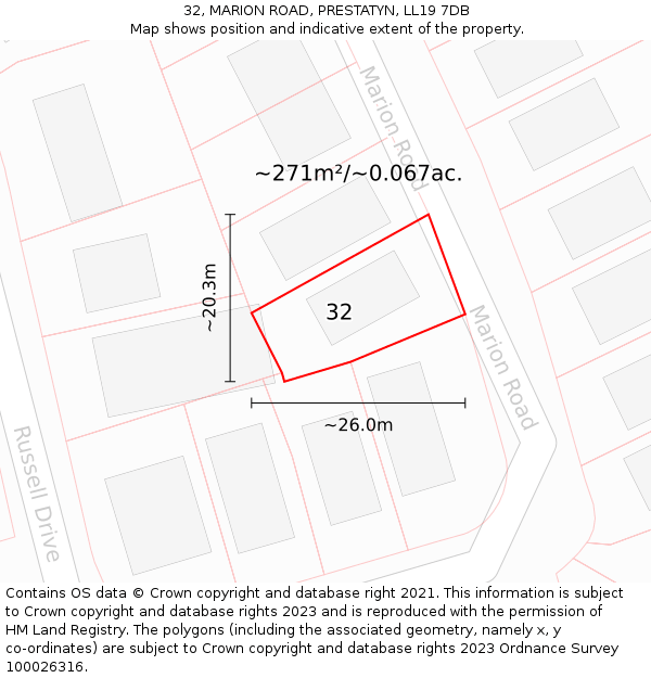 32, MARION ROAD, PRESTATYN, LL19 7DB: Plot and title map