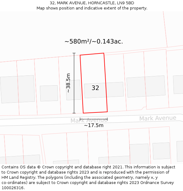 32, MARK AVENUE, HORNCASTLE, LN9 5BD: Plot and title map