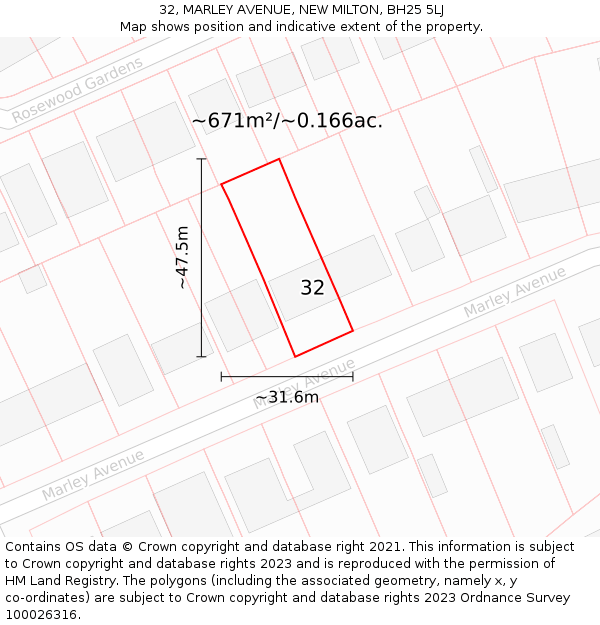 32, MARLEY AVENUE, NEW MILTON, BH25 5LJ: Plot and title map