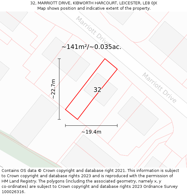 32, MARRIOTT DRIVE, KIBWORTH HARCOURT, LEICESTER, LE8 0JX: Plot and title map