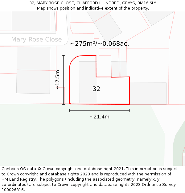 32, MARY ROSE CLOSE, CHAFFORD HUNDRED, GRAYS, RM16 6LY: Plot and title map