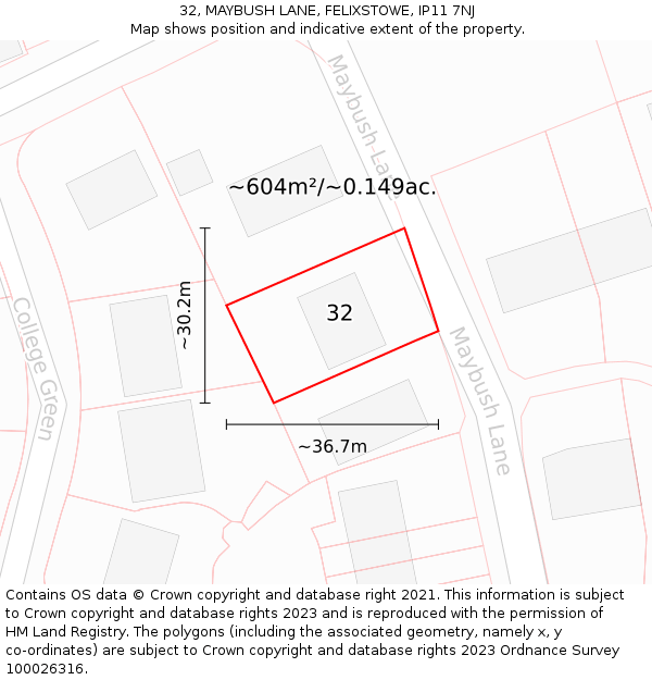 32, MAYBUSH LANE, FELIXSTOWE, IP11 7NJ: Plot and title map