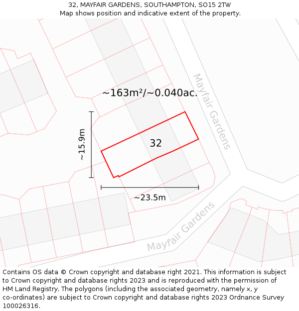 32, MAYFAIR GARDENS, SOUTHAMPTON, SO15 2TW: Plot and title map