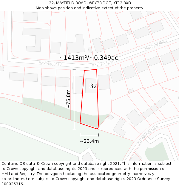 32, MAYFIELD ROAD, WEYBRIDGE, KT13 8XB: Plot and title map