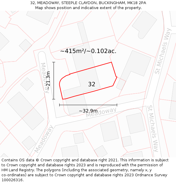 32, MEADOWAY, STEEPLE CLAYDON, BUCKINGHAM, MK18 2PA: Plot and title map