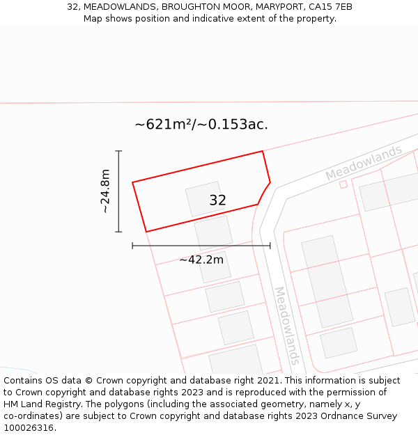 32, MEADOWLANDS, BROUGHTON MOOR, MARYPORT, CA15 7EB: Plot and title map