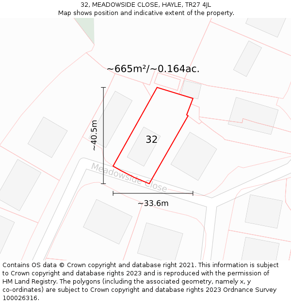 32, MEADOWSIDE CLOSE, HAYLE, TR27 4JL: Plot and title map