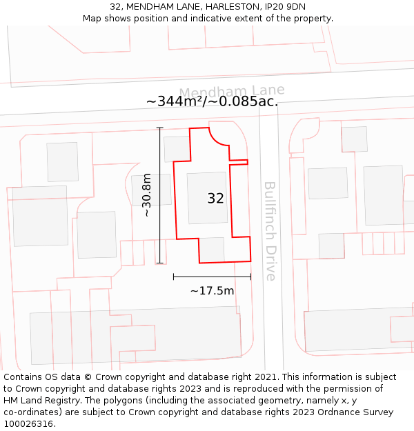 32, MENDHAM LANE, HARLESTON, IP20 9DN: Plot and title map
