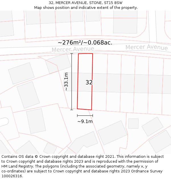 32, MERCER AVENUE, STONE, ST15 8SW: Plot and title map