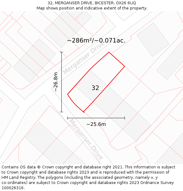 32, MERGANSER DRIVE, BICESTER, OX26 6UQ: Plot and title map