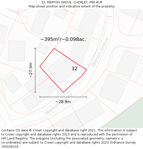 32, MERTON GROVE, CHORLEY, PR6 8UR: Plot and title map