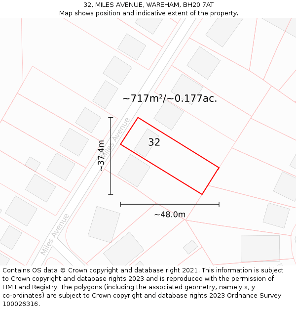 32, MILES AVENUE, WAREHAM, BH20 7AT: Plot and title map