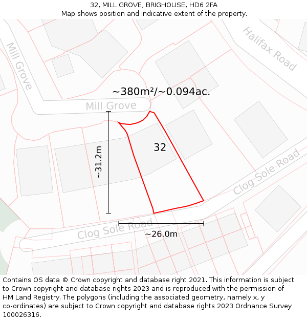 32, MILL GROVE, BRIGHOUSE, HD6 2FA: Plot and title map