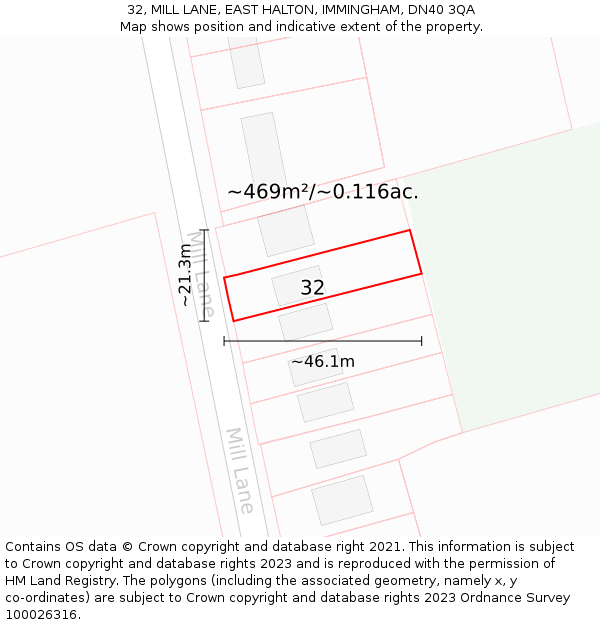 32, MILL LANE, EAST HALTON, IMMINGHAM, DN40 3QA: Plot and title map