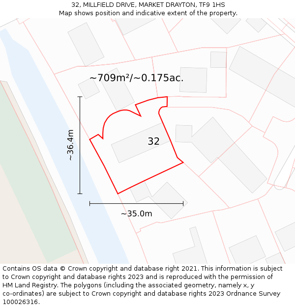 32, MILLFIELD DRIVE, MARKET DRAYTON, TF9 1HS: Plot and title map