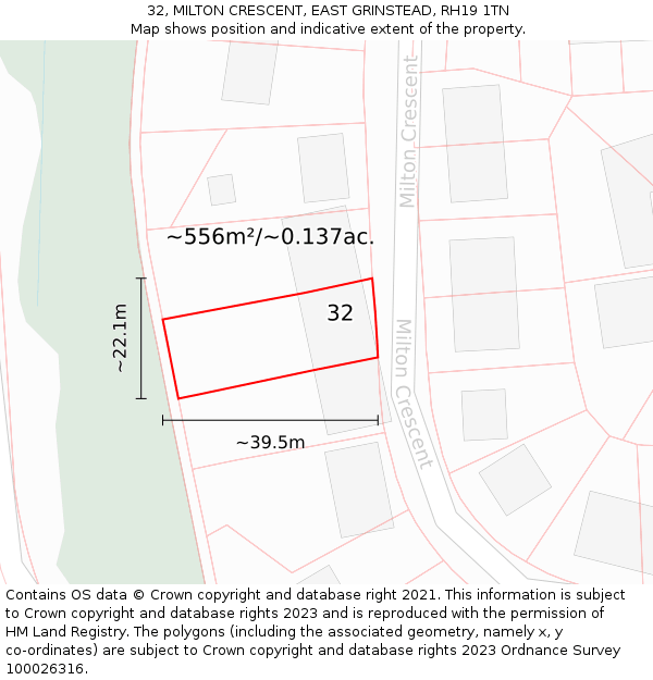 32, MILTON CRESCENT, EAST GRINSTEAD, RH19 1TN: Plot and title map