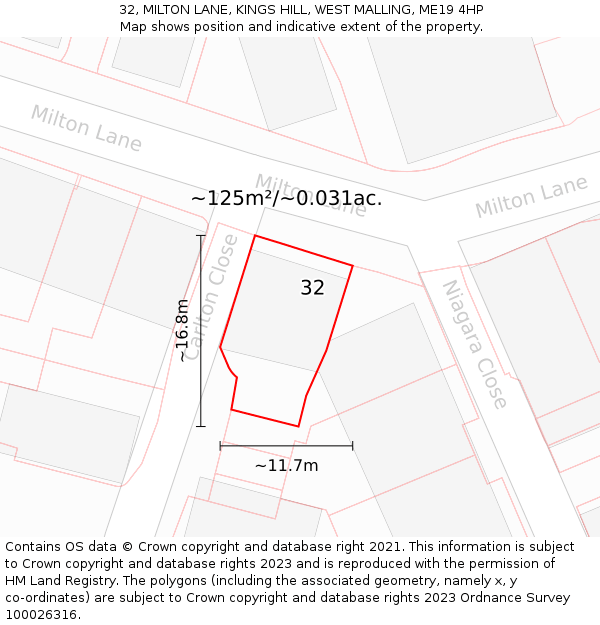 32, MILTON LANE, KINGS HILL, WEST MALLING, ME19 4HP: Plot and title map