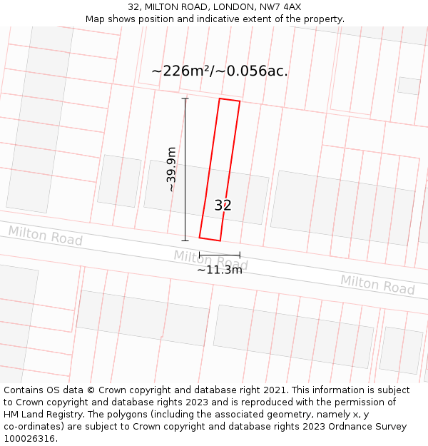 32, MILTON ROAD, LONDON, NW7 4AX: Plot and title map