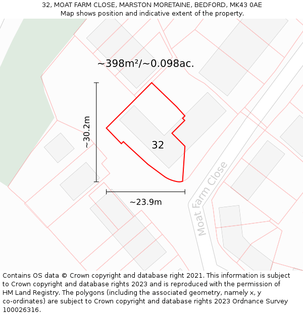 32, MOAT FARM CLOSE, MARSTON MORETAINE, BEDFORD, MK43 0AE: Plot and title map