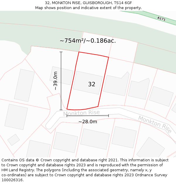 32, MONKTON RISE, GUISBOROUGH, TS14 6GF: Plot and title map