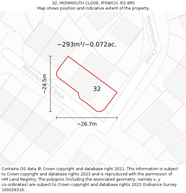 32, MONMOUTH CLOSE, IPSWICH, IP2 8RS: Plot and title map