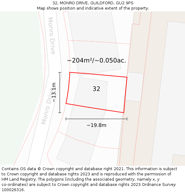 32, MONRO DRIVE, GUILDFORD, GU2 9PS: Plot and title map