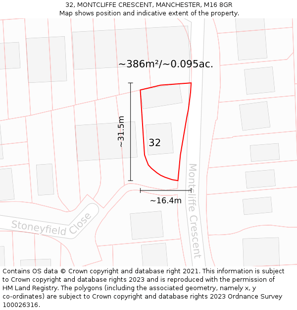 32, MONTCLIFFE CRESCENT, MANCHESTER, M16 8GR: Plot and title map