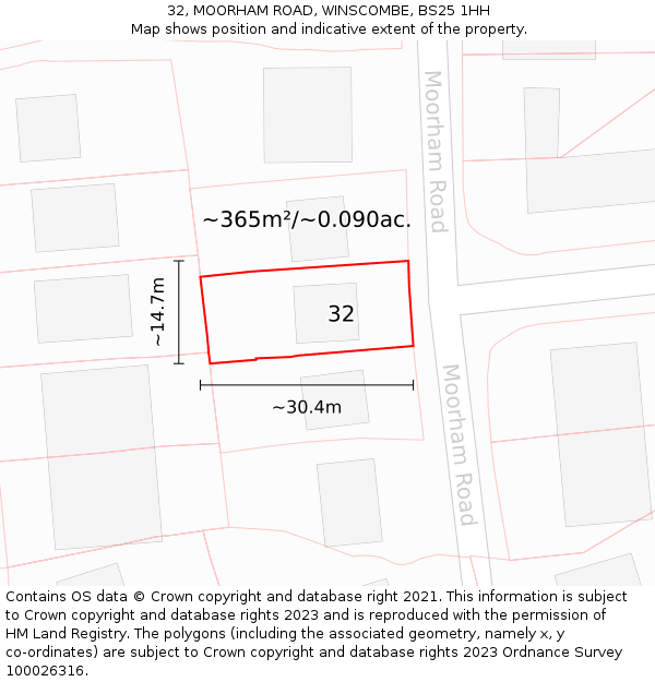 32, MOORHAM ROAD, WINSCOMBE, BS25 1HH: Plot and title map