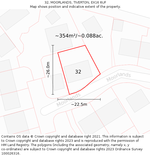 32, MOORLANDS, TIVERTON, EX16 6UF: Plot and title map