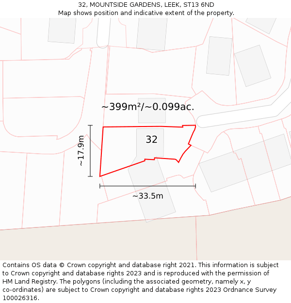 32, MOUNTSIDE GARDENS, LEEK, ST13 6ND: Plot and title map