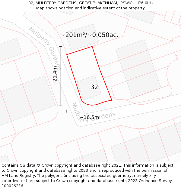 32, MULBERRY GARDENS, GREAT BLAKENHAM, IPSWICH, IP6 0HU: Plot and title map