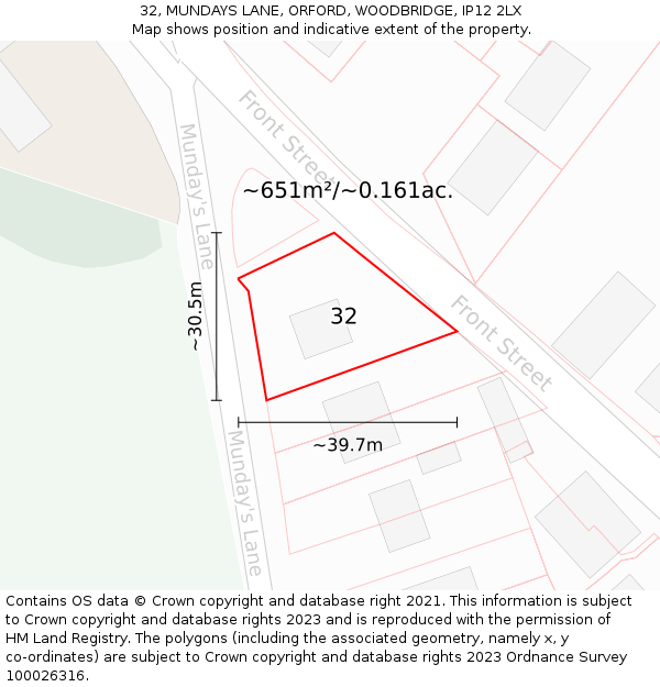 32, MUNDAYS LANE, ORFORD, WOODBRIDGE, IP12 2LX: Plot and title map