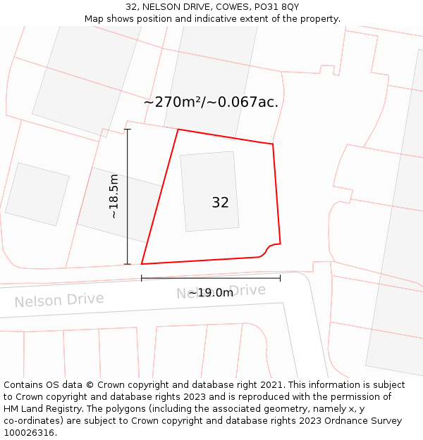 32, NELSON DRIVE, COWES, PO31 8QY: Plot and title map