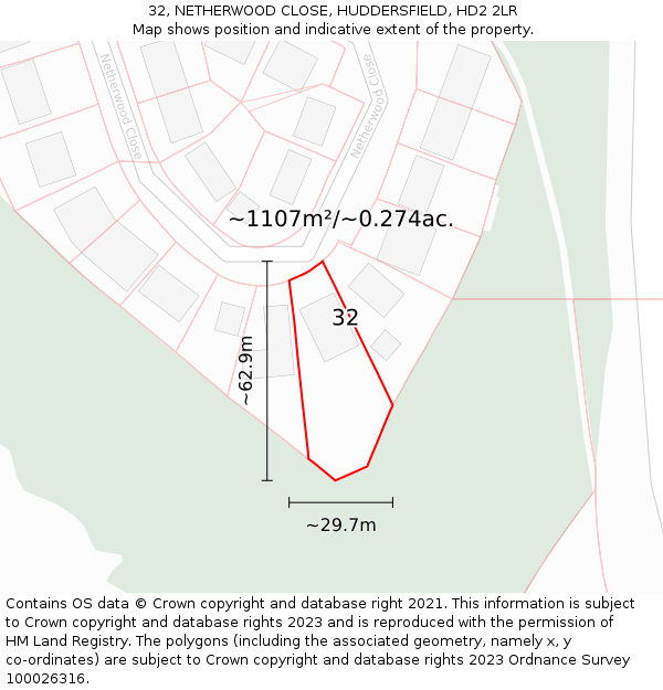 32, NETHERWOOD CLOSE, HUDDERSFIELD, HD2 2LR: Plot and title map