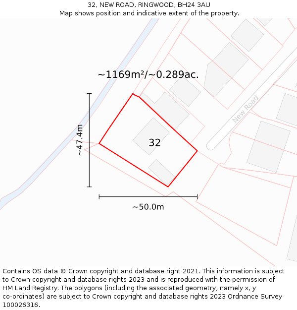 32, NEW ROAD, RINGWOOD, BH24 3AU: Plot and title map