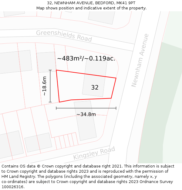 32, NEWNHAM AVENUE, BEDFORD, MK41 9PT: Plot and title map