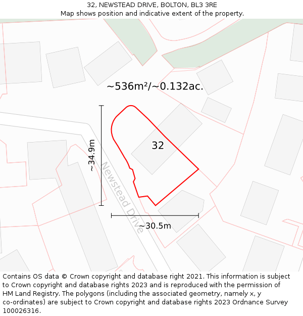 32, NEWSTEAD DRIVE, BOLTON, BL3 3RE: Plot and title map
