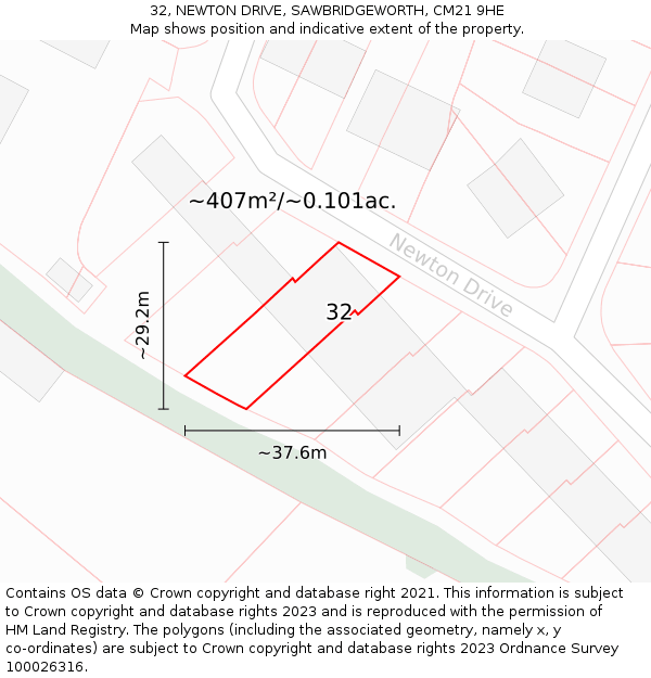 32, NEWTON DRIVE, SAWBRIDGEWORTH, CM21 9HE: Plot and title map