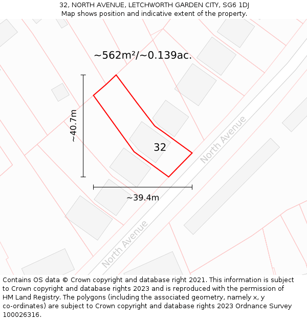 32, NORTH AVENUE, LETCHWORTH GARDEN CITY, SG6 1DJ: Plot and title map