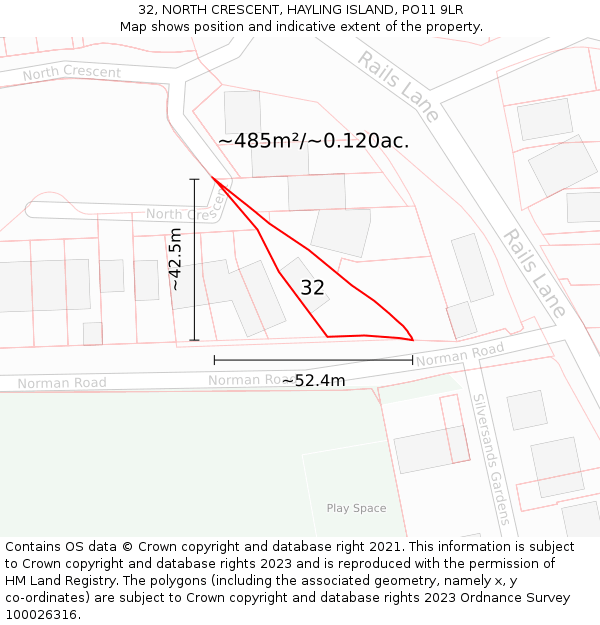 32, NORTH CRESCENT, HAYLING ISLAND, PO11 9LR: Plot and title map