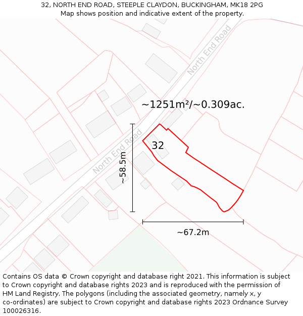 32, NORTH END ROAD, STEEPLE CLAYDON, BUCKINGHAM, MK18 2PG: Plot and title map