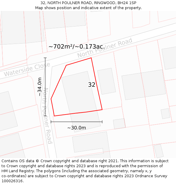 32, NORTH POULNER ROAD, RINGWOOD, BH24 1SP: Plot and title map