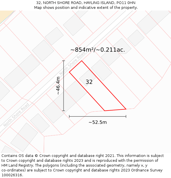 32, NORTH SHORE ROAD, HAYLING ISLAND, PO11 0HN: Plot and title map