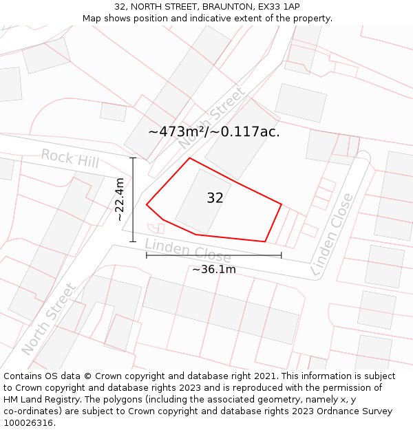 32, NORTH STREET, BRAUNTON, EX33 1AP: Plot and title map